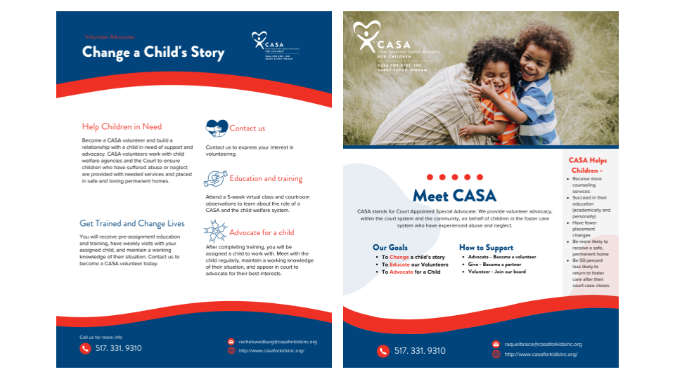 2 informational flyers about CASA, one titled "Change a Child's Story" and the other titled "Meet CASA"