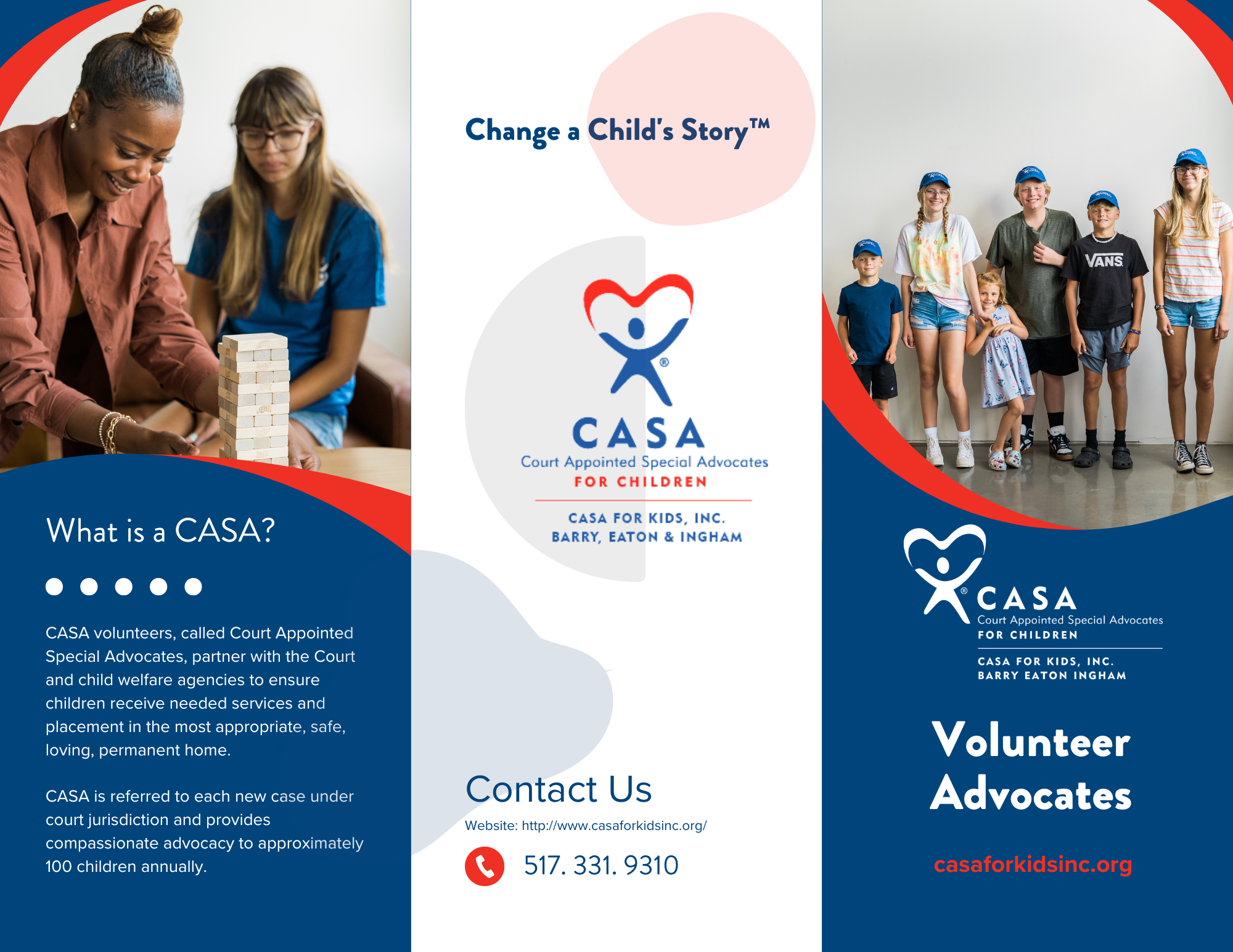 Three-fold brochure centered around volunteer opportunities for CASA