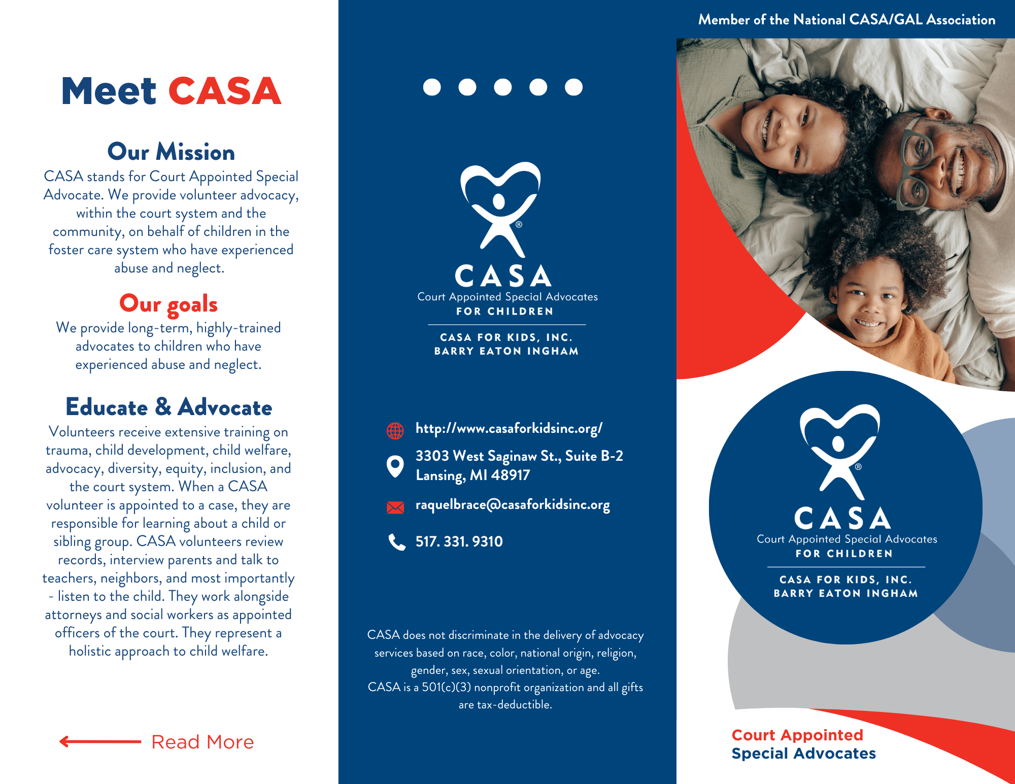 Three-fold brochure centered around general information about CASA