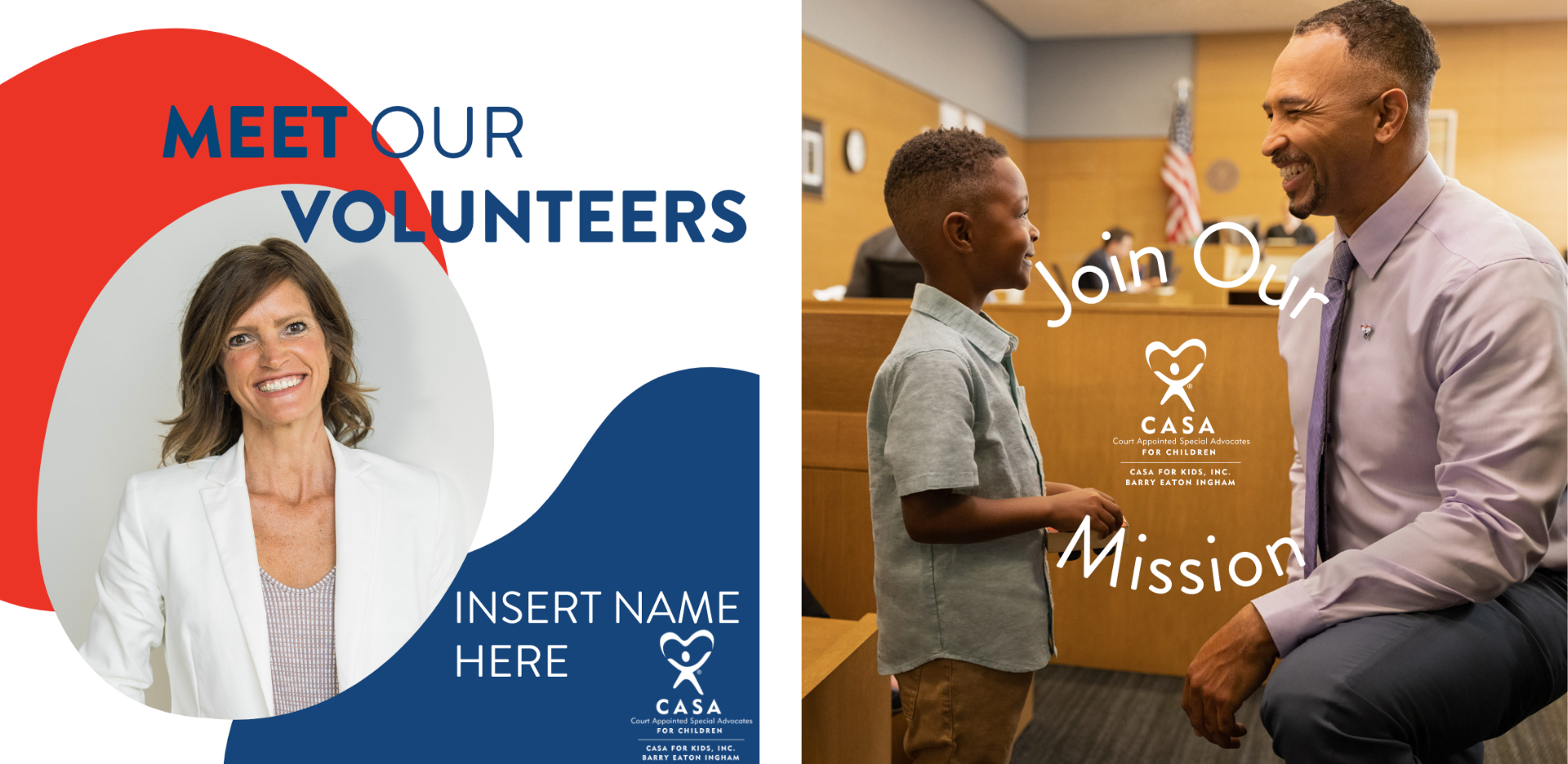 2 sample social media posts for CASA, one says "Meet our Volunteers" and the other says "Support Our Mission."