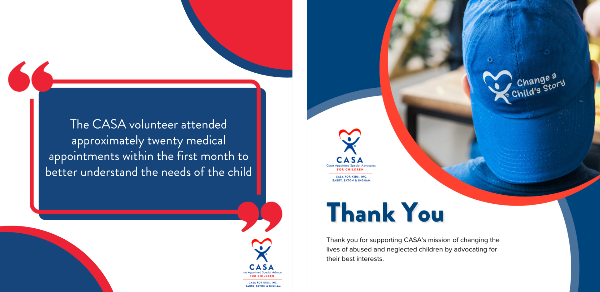 2 sample social media posts for CASA, one is a testimonial for CASA and the other is a thank you to donors and volunteers.