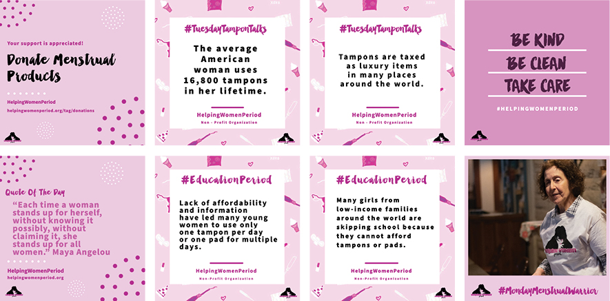 Social media posts and templates about #Tuesday Tampon Talks, #EducationPeriod, quotes and more