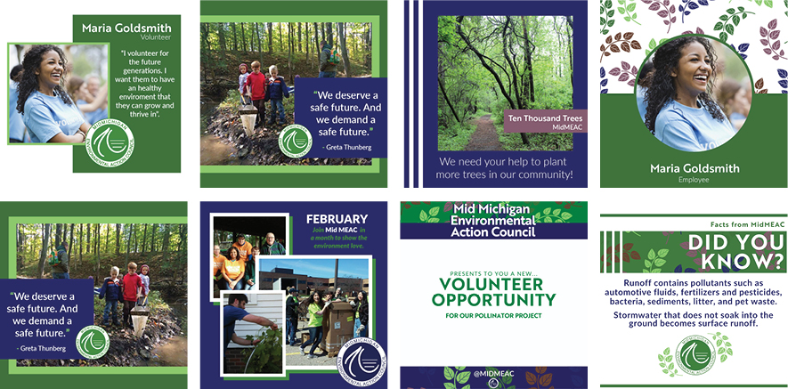 Eight MidMEAC social media posts about volunteers, 10,000 trees project, featured quotations and more