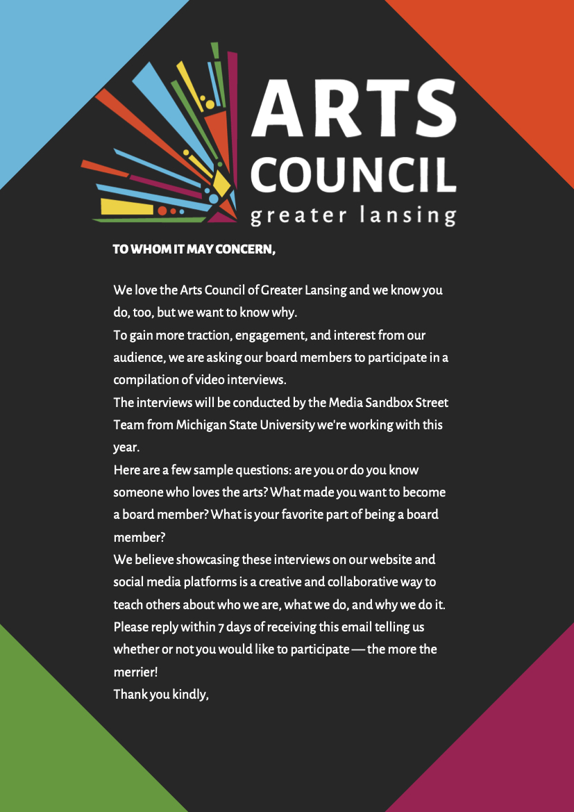 Email template with Arts Council of Greater Lansing logo