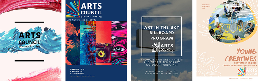 Four Arts Council poster templates about Arts Night Out, Young Creatives and the Billboard Project