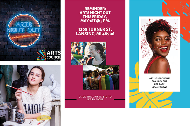 Four Arts Council social media posts about Arts Night Out, artist features and more