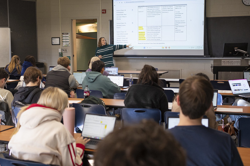Students follow along to Professor Alexandrea Thrubis Stanley during an Advertising 482 – Project Management of Advertising and Public Relations lecture this semester. 