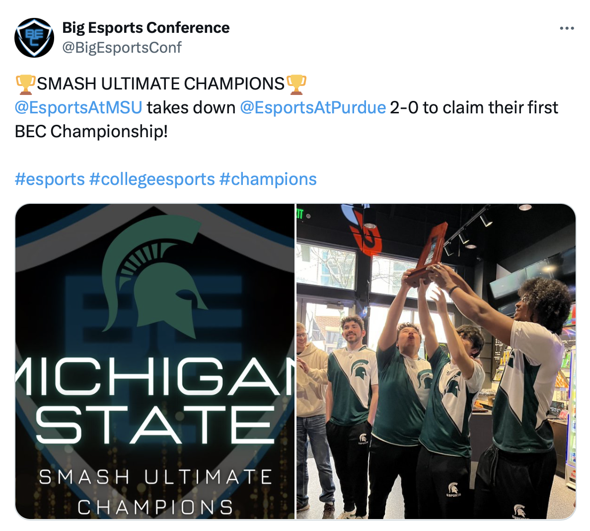 Tweet from @BigEsportsConf: Smash Ultimate Champions! @EsportsAtMSU takes down @EsportsAtPurdue  2-0 to claim their first BEC Championship! 