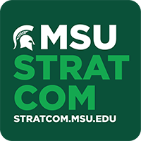 Green background with a white Spartan helmet and the text that reads MSU StratCom | stratcom.msu.edu