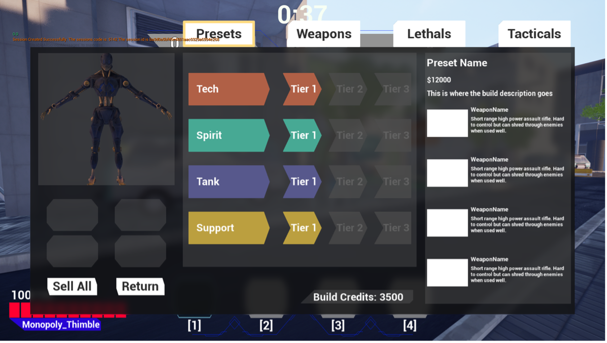 Image on players customizing their class with up to four items from technology, spirit, tank, and support categories