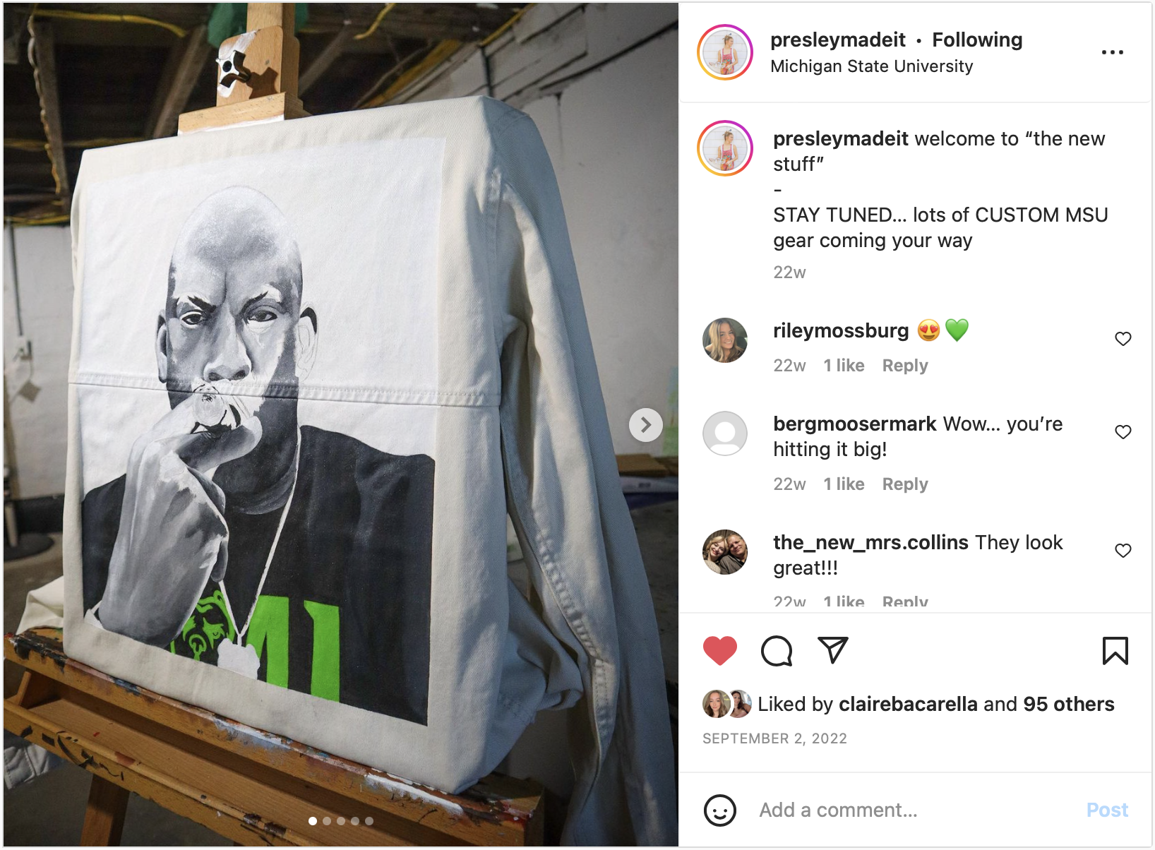 Presley Bergmooser's painted jean jacket with Mel Tucker's portrait from her Instagram account