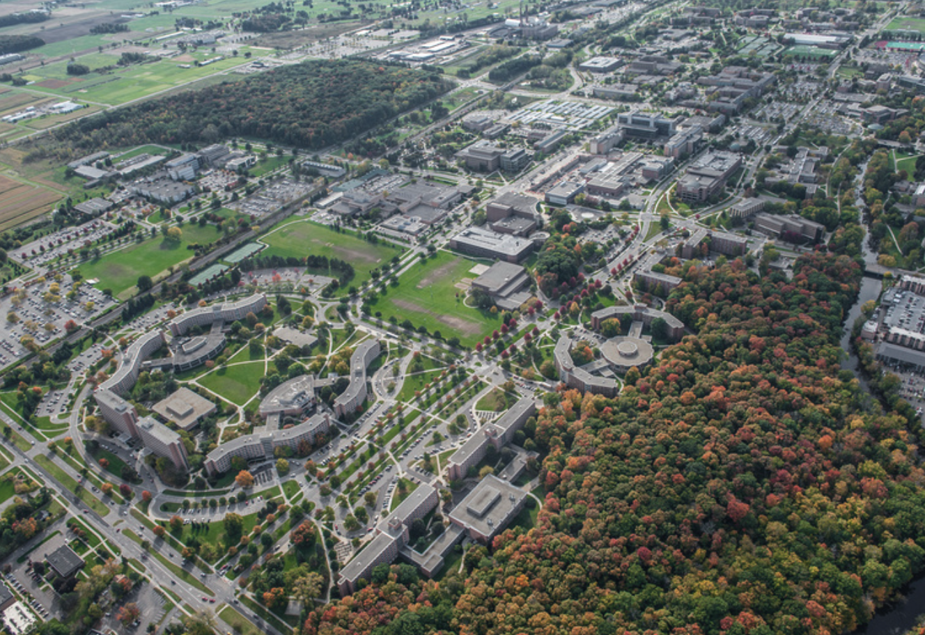 aerial view of MSU's large campus - Master of Arts in Health and Risk Communication